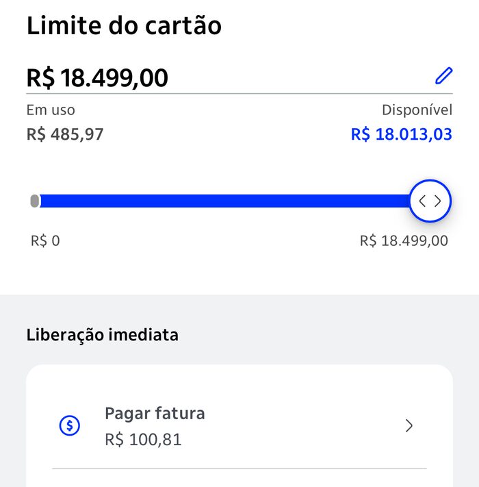 Print do app do Itaú: limite do cartão R$ 18.499,00